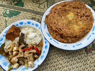Indonesian traditional food of vegetable lodeh and crispy egg.