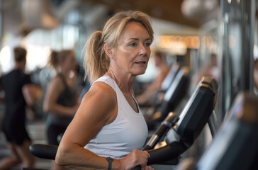 Fototapeta na wymiar A group of middle-aged people running on treadmills in the gym, smiling and happy, wearing yoga pants and white tank top shirts