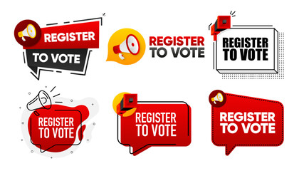 Register to Vote. Megaphone label collection with text. Marketing and promotion. Vector Illustration.