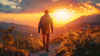Free traveler walking alone on a path at sunset, enjoying his freedom and his trip through wild nature