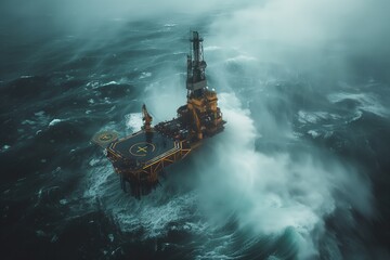 Solitary Oil Rig Braving the Ocean Storm. Solitary oil rig is enveloped by the immense power of a raging ocean storm, a testament to industrial endurance. - obrazy, fototapety, plakaty