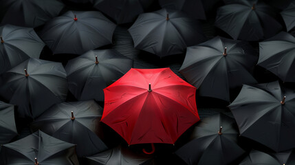 Bunch of black umbrellas with single red one