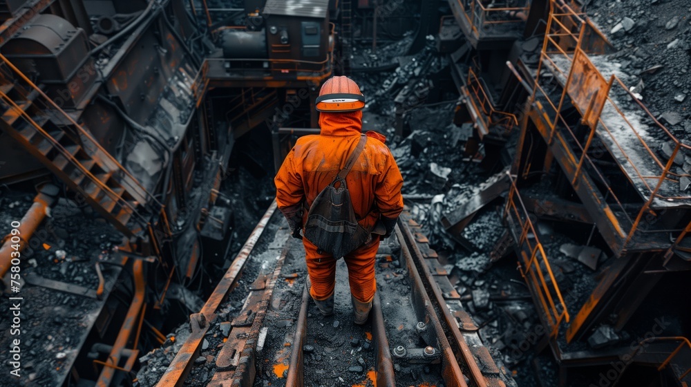 Poster miner contemplating in a deep underground mine. alone in thought, a miner stands in a deep undergrou