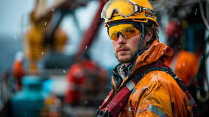 Oil Rig Worker Contemplates Amidst Harsh Weather. Oil rig worker cloaked in weatherproof gear, contemplates his task ahead as rain pelts the robust offshore platform.