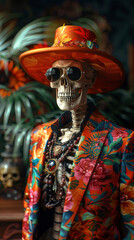 Skeleton in flamboyant attire high-resolution - obrazy, fototapety, plakaty