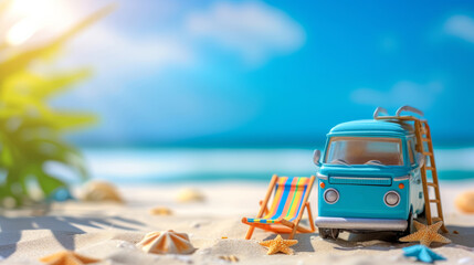 Small hippie minivan on the beach on a sunny summer day with a sunbathing chair. Summer holiday concept at sea or ocean