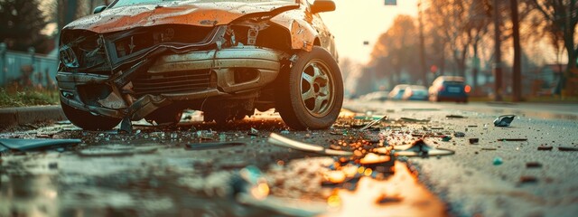 A close-up of a wrecked car on a wet road, detailing the aftermath of a serious car accident during golden hour..