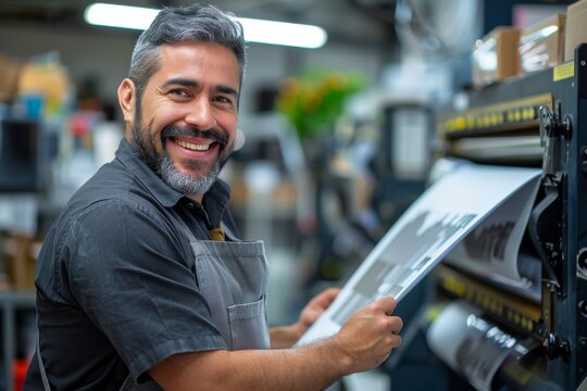 Happy print shop worker inspecting product quality during post-print finishing