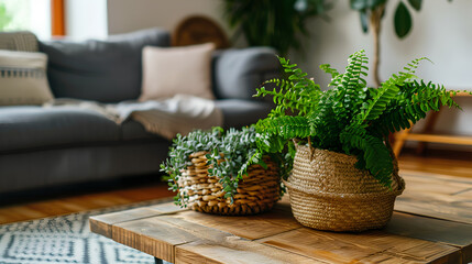 Wooden coffee table with with houseplant and wicker basket near grey sofa in living room. Generative AI