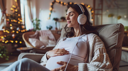 A pregnant woman wearing headphones peacefully listening to music