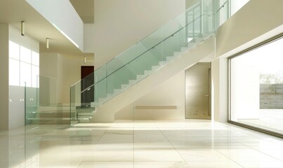 Minimalist interior design with Glass staircase and Porcelain tile floor. Modern entrance hall design.