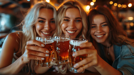 Joyful Young Women Toasting with Beer Glasses. Three young women with radiant smiles clinking beer glasses together in a warm, inviting pub atmosphere.