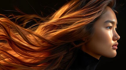 Closeup photo portrait of a beautiful young asian female model woman shaking her beautiful hair in motion. use for Product advertising