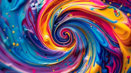 Colorful abstract painting with a spiral pattern. The painting is done in bright, vibrant colors and has a glossy finish.