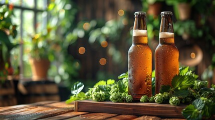 Cold Craft Beer Bottles with Condensation and Hops. Two cold craft beer bottles with condensation, resting among fresh hops and leaves on a wooden bar top. - obrazy, fototapety, plakaty