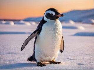 Obraz premium Portrait of a penguin Cheerful, happy in a snowy landscape. Playful, happy animal. Generative Ai.