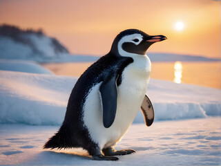 Obraz premium Portrait of a penguin Cheerful, happy in a snowy landscape. Playful, happy animal. Generative Ai.