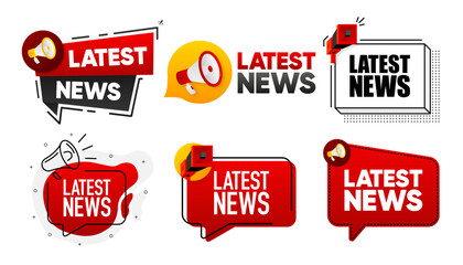 Latest News. Megaphone label collection with text. Marketing and promotion. Vector Illustration.