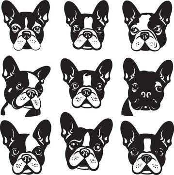 Bulldog, Dog Heads, Black And White Vector, Funny Dog, Silhouette, Illustration