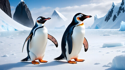 Fototapeta premium Portrait of a penguin Cheerful, happy in a snowy landscape. Playful, happy animal. Generative Ai.