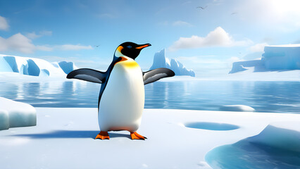 Obraz premium Portrait of a penguin Cheerful, happy in a snowy landscape. Playful, happy animal. Generative Ai.