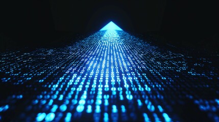 digital arrow pointing upwards shaped by vibrant blue matrix binary code. with pixelated motifs emerging from behind .
