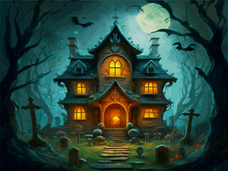 Fototapeta na wymiar Spooky house with spooky creatures