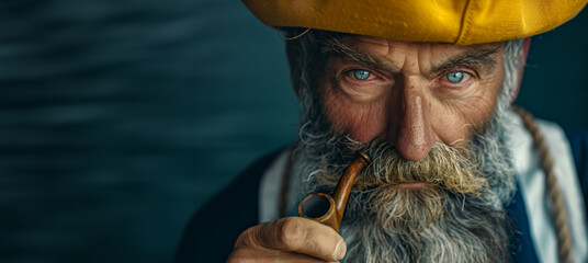 A man with a yellow hat and a pipe in his mouth. He looks angry and is looking at the camera. classic bearded sailor with a yellow hat and a pipe - obrazy, fototapety, plakaty