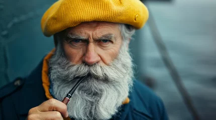 Gordijnen A man with a yellow hat and a pipe in his mouth. He looks angry and is looking at the camera. classic bearded sailor with a yellow hat and a pipe © Nataliia_Trushchenko