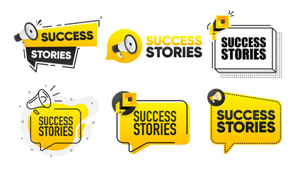 Success Stories. Megaphone label collection with text. Marketing and promotion. Vector Illustration. - obrazy, fototapety, plakaty