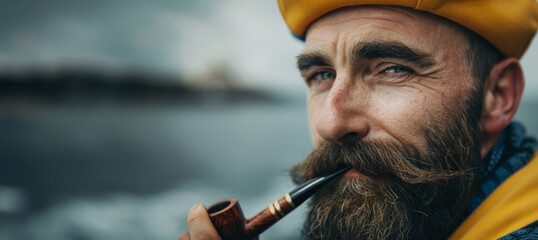 A man with a yellow hat and a pipe in his mouth. He looks angry and is looking at the camera. classic bearded sailor with a yellow hat and a pipe