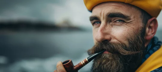 Foto op Canvas A man with a yellow hat and a pipe in his mouth. He looks angry and is looking at the camera. classic bearded sailor with a yellow hat and a pipe © Nataliia_Trushchenko