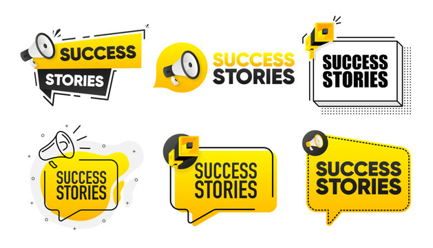 Success Stories. Megaphone label collection with text. Marketing and promotion. Vector Illustration.