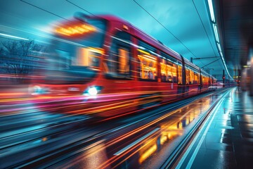 A vibrant red train captured in motion blur speeds along a rain-soaked track reflecting city lights at night