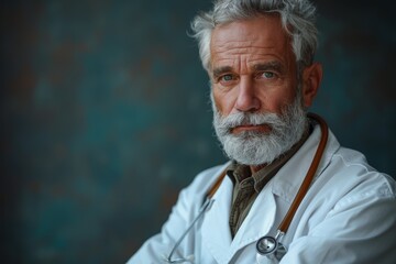 A mature doctor with a grey beard, wearing a white coat and stethoscope, exudes experience and professionalism