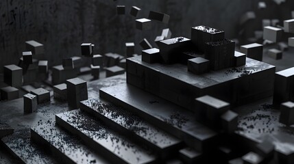 Domino Effect Culmination on a Cube Podium in Dark Industrial Setting
