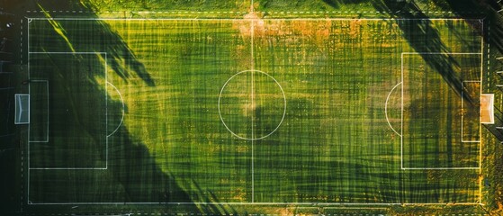 Aerial View of a Sunlit Soccer Field Basking in Golden Light - obrazy, fototapety, plakaty