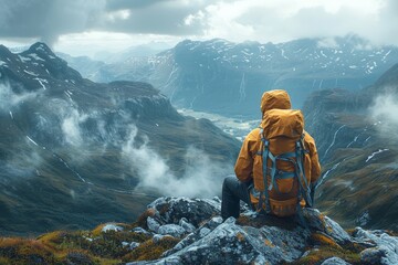 An adventurer in a yellow jacket sits amidst a rugged mountain range, exuding a sense of discovery
