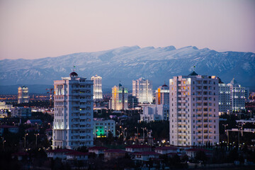 Foothills of Ashgabat. Turkmenistan. Kopetdag Mountains. The city of Ahsgabat, white buildings...