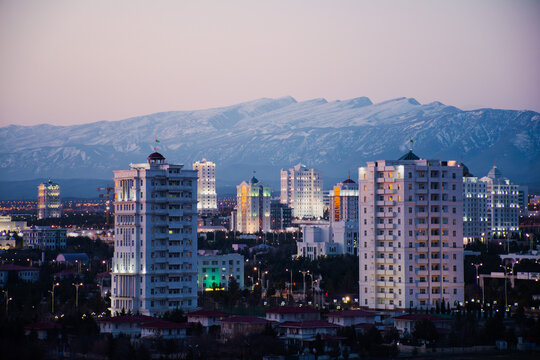 Foothills of Ashgabat. Turkmenistan. Kopetdag Mountains. The city of Akhabad, white buildings covered with marble.