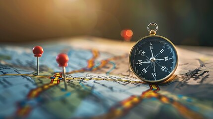 Magnetic compass and location marking with a pin on routes displayed on a world map. Concept of Adventure, discovery, navigation, communication, logistics, geography, transport and travel.