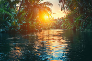 Tropical river flow through the jungle forest at sunrise