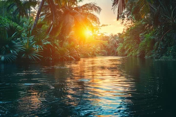 Fototapete Waldfluss Tropical river flow through the jungle forest at sunrise