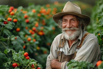 An elderly farmer with a joyful expression on his face standing among lush tomato plants in a garden