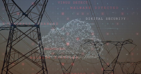 Image of scanning, virus warning and digital cloud over electricity poles
