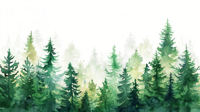 Watercolor stylized illustration of green forest and trees, white background, wallpaper