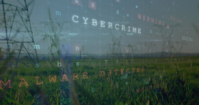 Image of scanning, virus warning and digital padlock over electricity poles