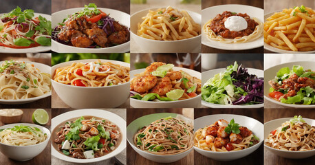 Collage of various delicious dishes and drinks from restaurant.