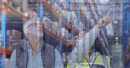 Image of mosaic squares over diverse male supervisor and female worker working at warehouse
