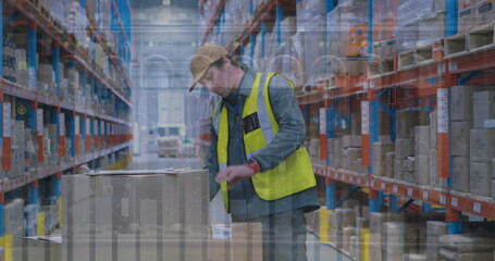 Image of statistical data processing over caucasian male worker working at warehouse